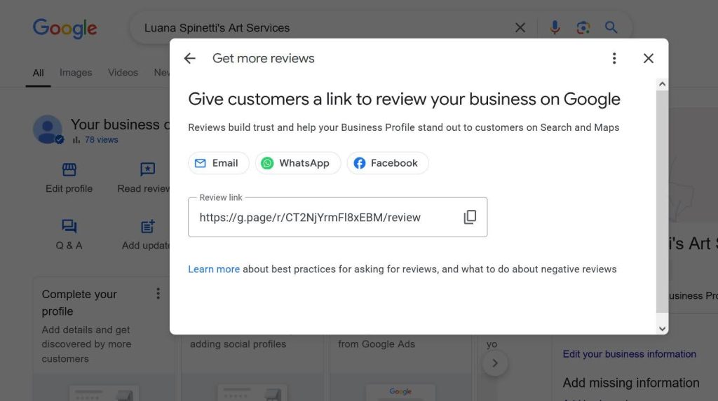 Google Business Profile Review Link Screen