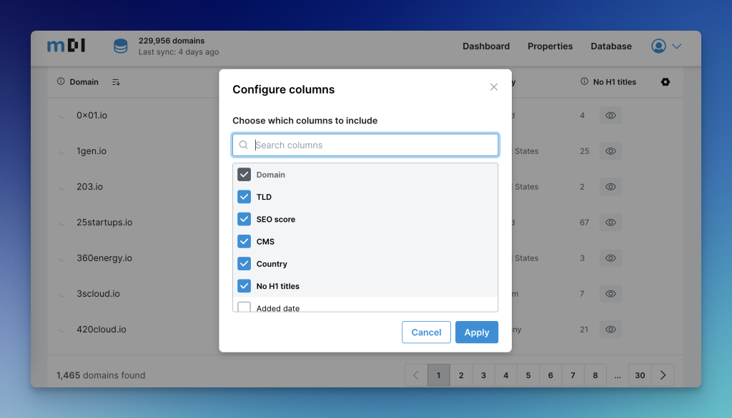 to see an additional column with your preferred data point, you must click on the gear icon and configure the columns.